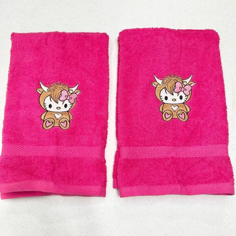 Hello Kitty Highland Cow Towels Embroidered Hand Towel Set Pink Beige Bathroom